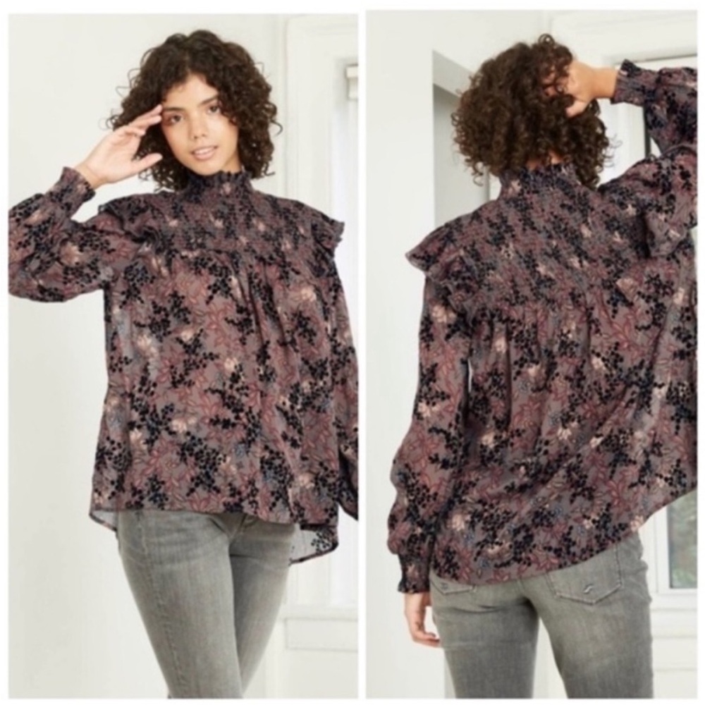 Knox Rose Smocked‎ Neck Floral Long Sleeve Blouse